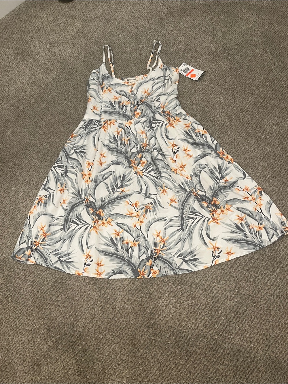 Rip Curl White Sundress with Gray Leaves and Orange Floral Print